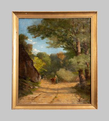 une image représentant un tableau où l'on voit un homme et un cheval sur un chemin de terre