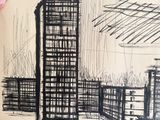 someone is drawing a picture of a tall building in a city