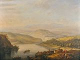 tableau représentant une vue sur une rivière avec des bateaux et des personnes sur la rive