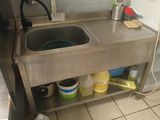 a stainless steel sink in a kitchen next to a stove