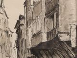 dessin représentant une scène de rue avec des bâtiments et une personne marchant dans la rue