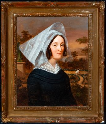 portrait of a woman in a black dress with a white bonnet