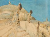 painting of a painting of a building with a clock tower in the background
