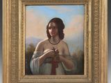an oil painting of a woman holding a cross in her hands