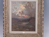 une peinture à l'huile représentant un paysage avec un coucher de soleil au loin