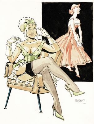 dessin représentant une femme assise sur une chaise devant un mannequin