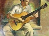 painting of a man sitting on a bench playing a guitar