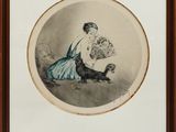 tableau représentant une femme avec un chien et un panier de fleurs