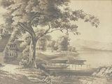 a drawing of a boat on the shore of a lake