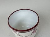 a white cup with a red rim sitting on a table
