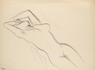 drawing of a nude woman holding a mirror in her right hand