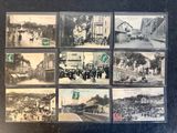 several old black and white photos of people and cars on a street
