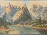 tableau représentant un paysage de montagne avec un lac et des montagnes en arrière-plan