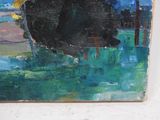 a painting of a cow that is sitting in the grass
