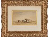un tableau représentant un groupe de personnes à cheval dans un champ