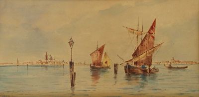 un tableau représentant des bateaux sur l'eau, près d'une ville
