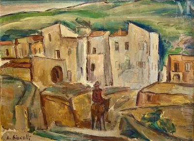 un tableau représentant un homme à cheval devant un village