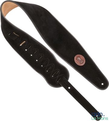 une paire de sangles de guitare en cuir noir sur fond blanc