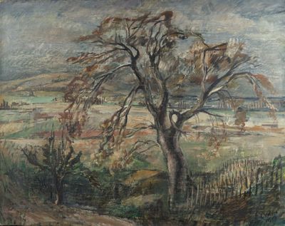 l'image d'un tableau représentant un arbre au milieu d'un champ