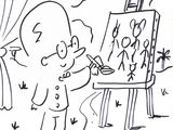 cartoon drawing of a man painting a picture on an easel