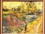 an oil painting of a man fishing on a river with a boat in the background