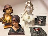 trois bustines représentant des femmes coiffées de chapeaux et ornées d'images