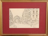 drawing of a street scene in a city with buildings and cars