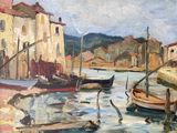 painting of boats in a harbor with buildings in the background