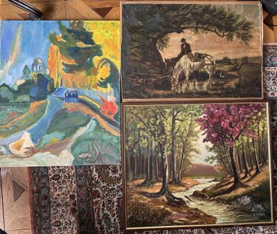Lot de 3 huiles sur toiles, l'une signée Raymonde Lemoine, u…