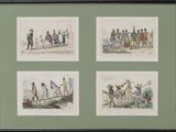 four framed prints of people in various poses on a boat
