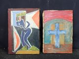 tableau représentant un homme portant une croix et une femme portant une croix