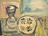 a painting of a vase and a plate on a table