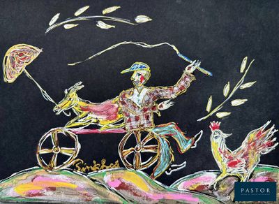 tableau représentant un homme dans une calèche, avec un oiseau sur le dos