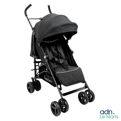 the stroller is black and has black wheels and a black canopy