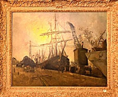 peinture représentant une peinture d'une scène portuaire avec des bateaux dans l'eau