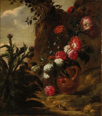 une peinture à l'huile représentant des fleurs dans un vase posé sur un rebord rocheux