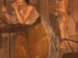 tableau représentant une femme assise à une table devant un miroir