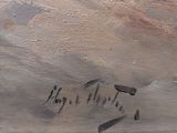 an oil painting of a person on a surfboard on a beach