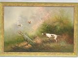 un tableau représentant un chien et un oiseau dans un champ