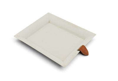 white square tray with a wooden handle on a white background