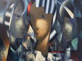 peinture abstraite représentant deux femmes formant un cercle sur fond noir