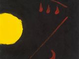 une peinture abstraite représentant un cercle jaune et des lignes rouges sur fond noir