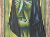 a painting of a man in a black robe with a green face