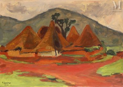 l'image d'un tableau représentant un village avec une montagne en arrière-plan