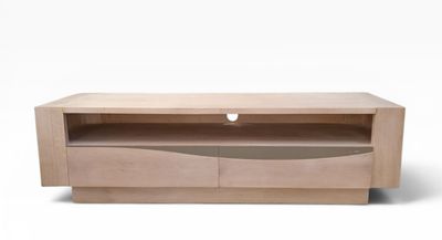 an image of a wooden tv stand with a drawer underneath it