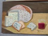 painting of a painting of cheese, bread, fruit and a glass of wine