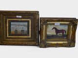 two framed paintings of a horse and a horse in a field