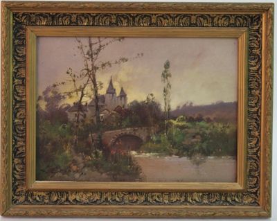 une image d'une peinture représentant un pont sur une rivière