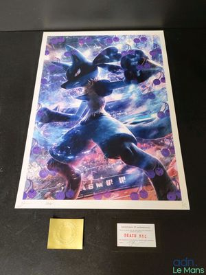 a picture of a pokemon movie poster on display in a glass case