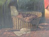 a painting of a dog in a basket on the floor